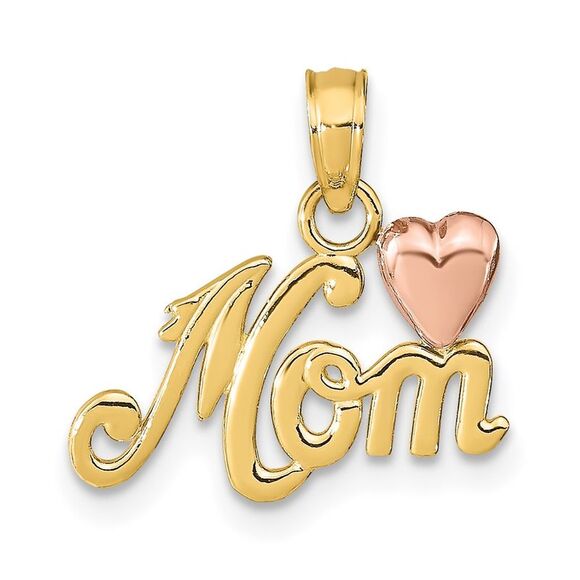 14k Two Tone Gold Mom with Heart Pendant 16mm